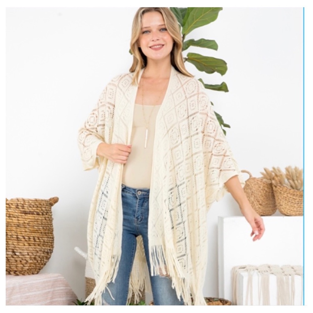 Bohemian Chic Crochet Fringe Swim Cover Up Kimono Wrap Robe Sweater One … - Picture 3 of 7
